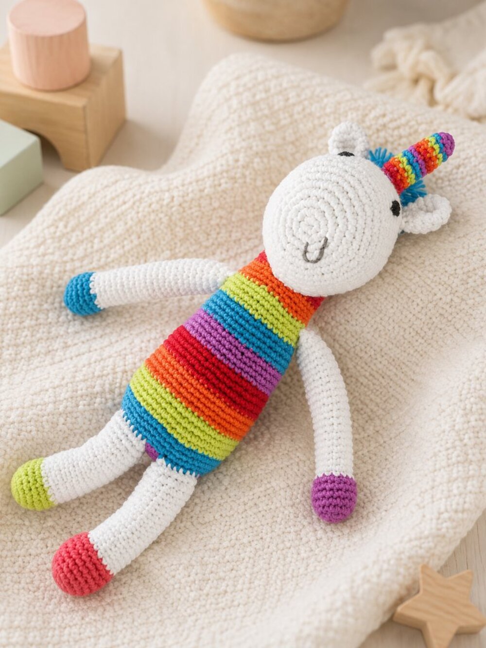NWT Crochet Rainbow Unicorn Plush Rattle Baby Toy – Colorful Stuffed Animal